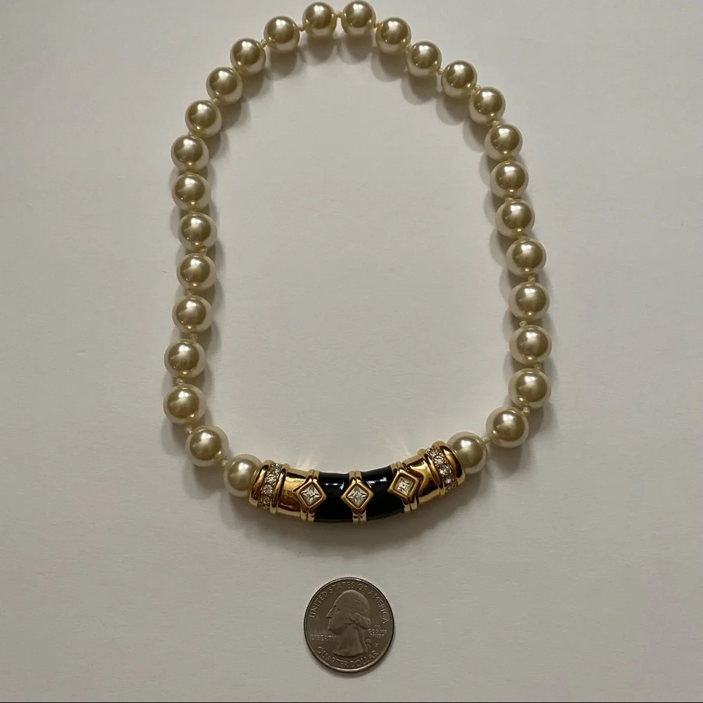 SWAROVSKI NECKLACE CHOKER PEARLS GOLD BLACK ENAMEL CRYSTALS 17” STATEMENT